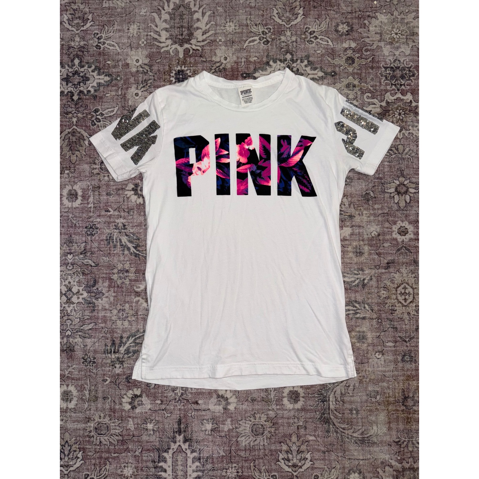Pink Victoria's Secret White Floral Logo Sequin Sleeve T-Shirt Womens Xs Bling